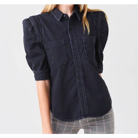 Frame Rosette Puff Elbow Sleeve Collared Denim Button Down Shirt Black Small - Picture 1 of 5